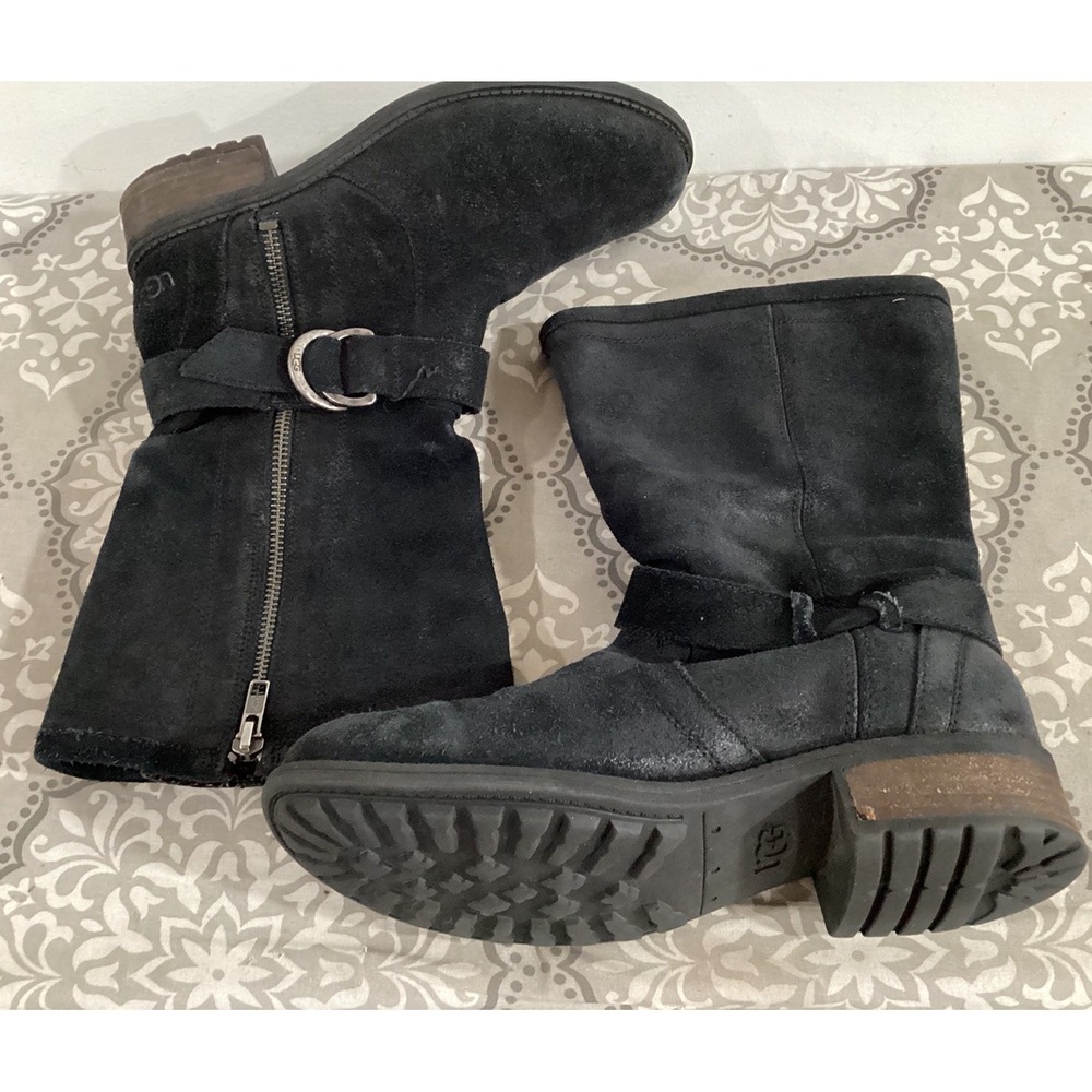 UGG SILVA Suede Snake Print Black MOTO BOOTS Women's 7.5